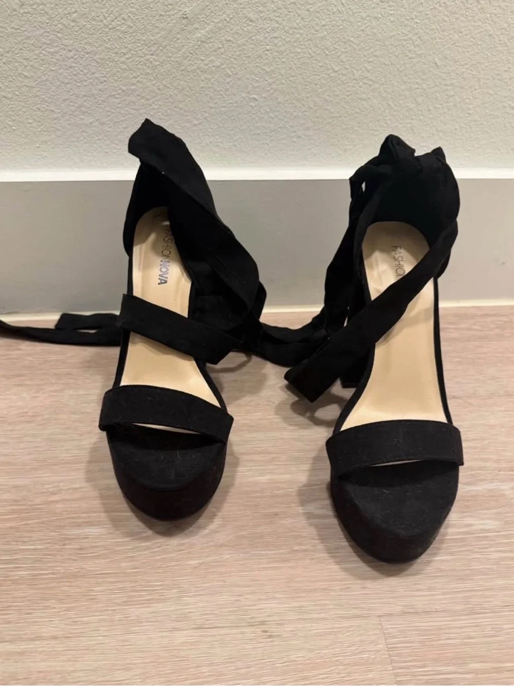 Fashion Nova Black Lace-Up Platform Block Heels